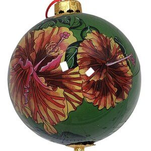 Hawaii Hibiscus Flower Hand Painted Glass Christmas Tree Ornament Floral‎ Design